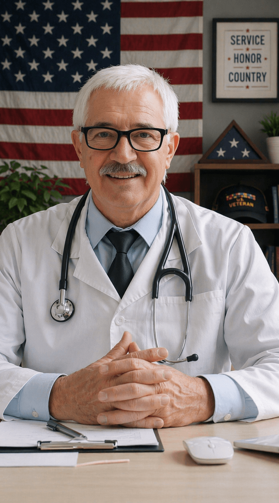 A physician at a desk with an American flag behind him
